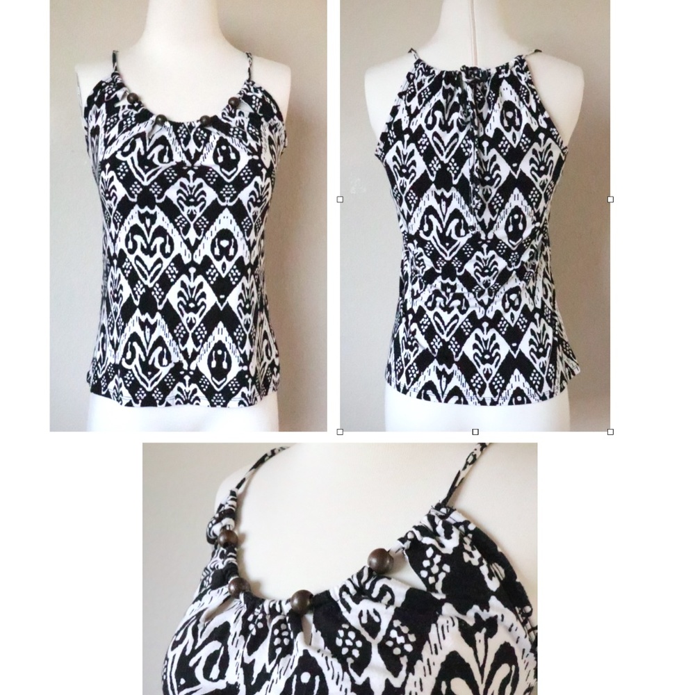 B&W island print tank neckline detail back tie